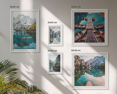 Lot de tableaux encadrés Lacs de montagne bateaux en bois