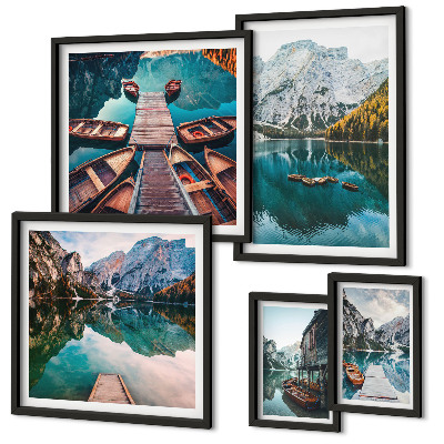 Lot de tableaux encadrés Lacs de montagne bateaux en bois