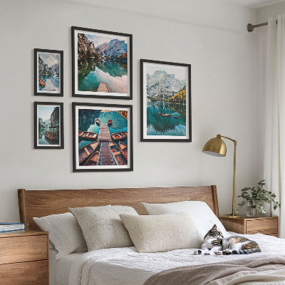 Lot de tableaux encadrés Lacs de montagne bateaux en bois