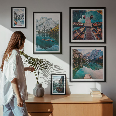 Lot de tableaux encadrés Lacs de montagne bateaux en bois