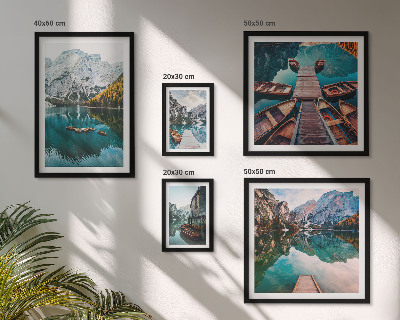 Lot de tableaux encadrés Lacs de montagne bateaux en bois