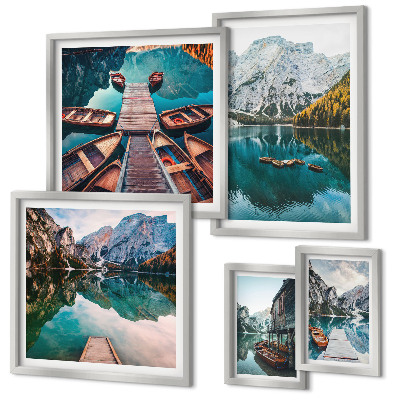 Lot de tableaux encadrés Lacs de montagne bateaux en bois