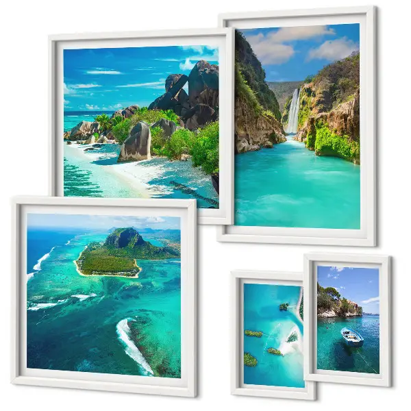 Ensemble de 5 tableaux représentant des cascades et des plages tropicales