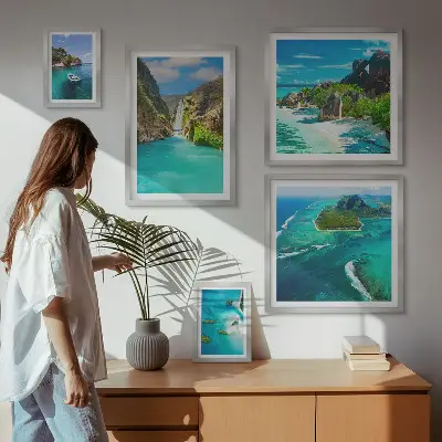 Ensemble de 5 tableaux représentant des cascades et des plages tropicales