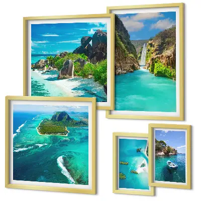 Ensemble de 5 tableaux représentant des cascades et des plages tropicales
