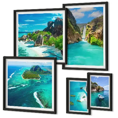 Ensemble de 5 tableaux représentant des cascades et des plages tropicales