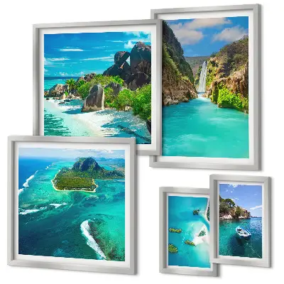 Ensemble de 5 tableaux représentant des cascades et des plages tropicales