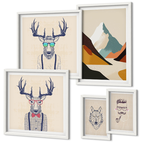 Ensemble de 5 tableaux Portraits d'animaux stylés