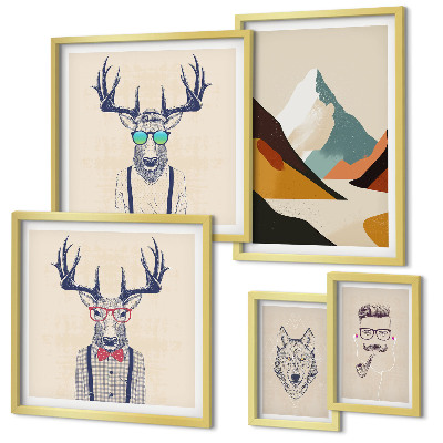 Ensemble de 5 tableaux Portraits d'animaux stylés