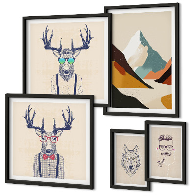 Ensemble de 5 tableaux Portraits d'animaux stylés