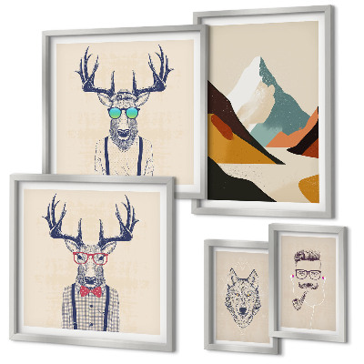 Ensemble de 5 tableaux Portraits d'animaux stylés