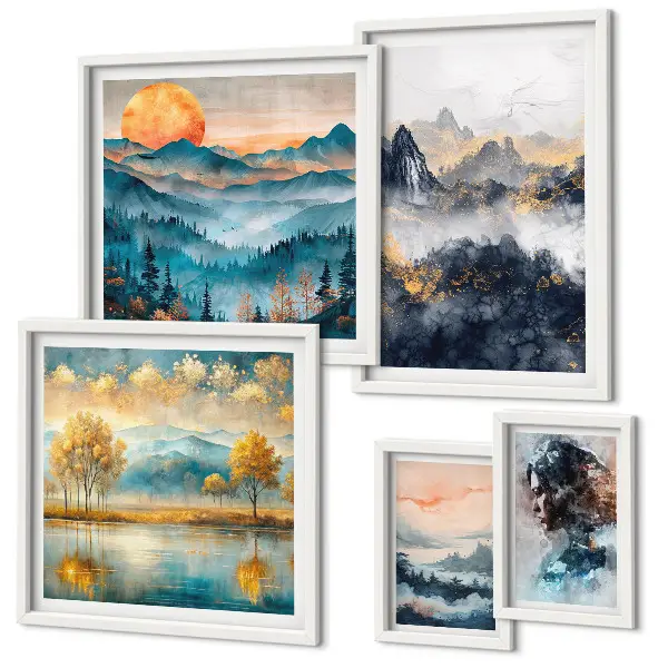 Ensemble de 5 tableaux représentant des paysages de montagne et des portraits