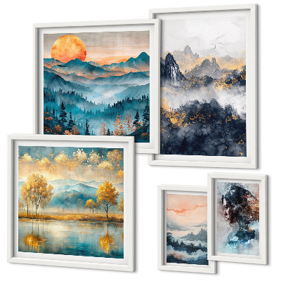 Ensemble de 5 tableaux Paysages de montagne et portraits