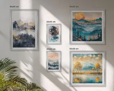 Ensemble de 5 tableaux représentant des paysages de montagne et des portraits