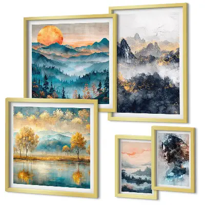 Ensemble de 5 tableaux représentant des paysages de montagne et des portraits