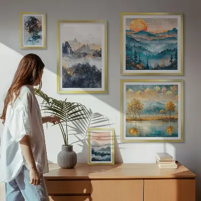 Ensemble de 5 tableaux représentant des paysages de montagne et des portraits