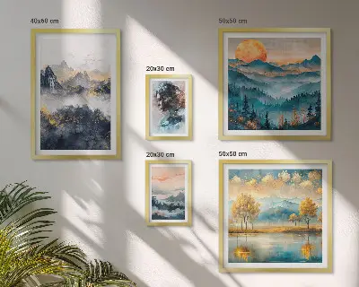Ensemble de 5 tableaux représentant des paysages de montagne et des portraits