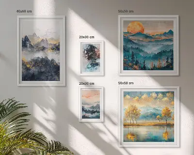 Ensemble de 5 tableaux représentant des paysages de montagne et des portraits