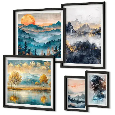 Ensemble de 5 tableaux représentant des paysages de montagne et des portraits
