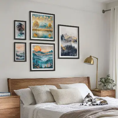 Ensemble de 5 tableaux représentant des paysages de montagne et des portraits