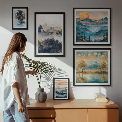 Ensemble de 5 tableaux représentant des paysages de montagne et des portraits