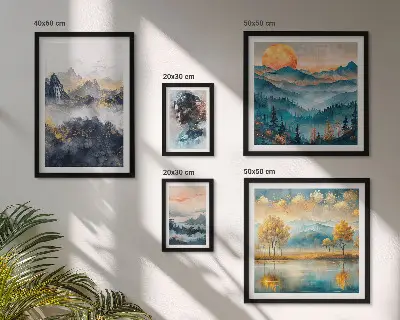 Ensemble de 5 tableaux représentant des paysages de montagne et des portraits