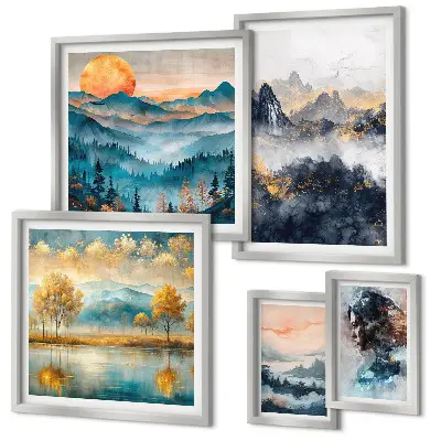 Ensemble de 5 tableaux représentant des paysages de montagne et des portraits