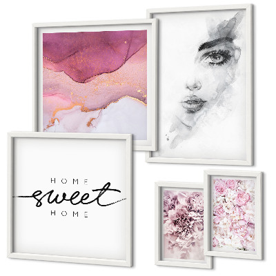 Ensemble de 5 tableaux Portraits de femmes, fleurs, pastel
