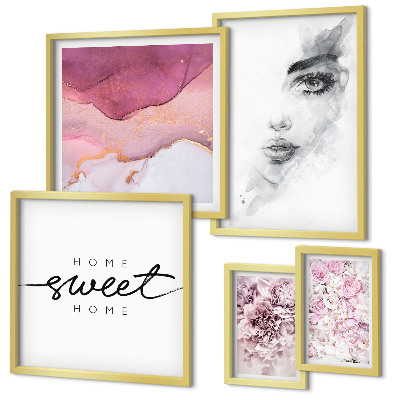 Ensemble de 5 tableaux Portraits de femmes, fleurs, pastel