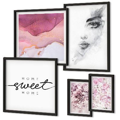 Ensemble de 5 tableaux Portraits de femmes, fleurs, pastel