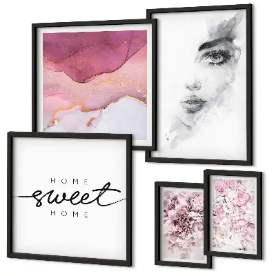 Ensemble de 5 tableaux représentant des portraits de femmes et des fleurs dans un style pastel