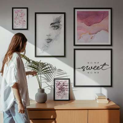 Ensemble de 5 tableaux Portraits de femmes, fleurs, pastel