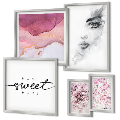 Ensemble de 5 tableaux Portraits de femmes, fleurs, pastel