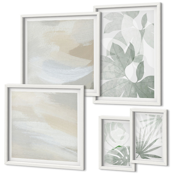 Lot de tableaux encadrés Motifs végétaux gris et blancs