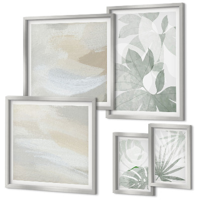 Lot de tableaux encadrés Motifs végétaux gris et blancs