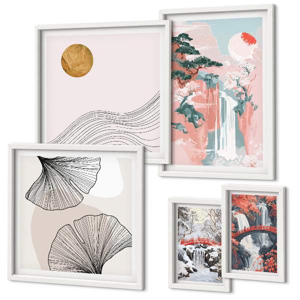 Ensemble de 5 tableaux Paysages de cascades au Japon