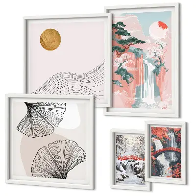 Paysages de cascades au Japon ensemble de 5 tableaux