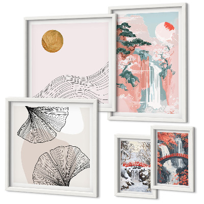 Ensemble de 5 tableaux Paysages de cascades au Japon