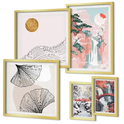 Paysages de cascades au Japon ensemble de 5 tableaux