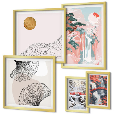 Ensemble de 5 tableaux Paysages de cascades au Japon