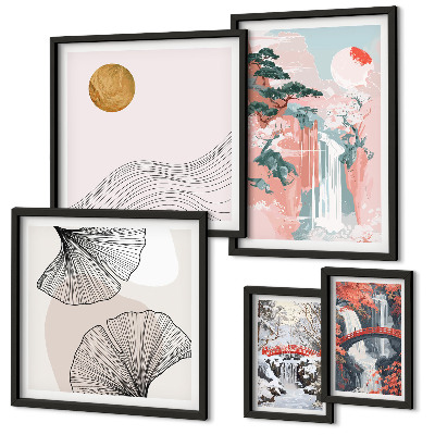 Ensemble de 5 tableaux Paysages de cascades au Japon