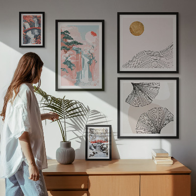 Ensemble de 5 tableaux Paysages de cascades au Japon