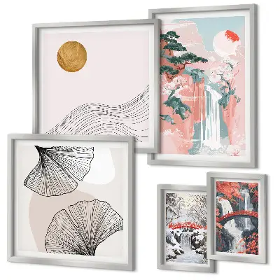 Paysages de cascades au Japon ensemble de 5 tableaux