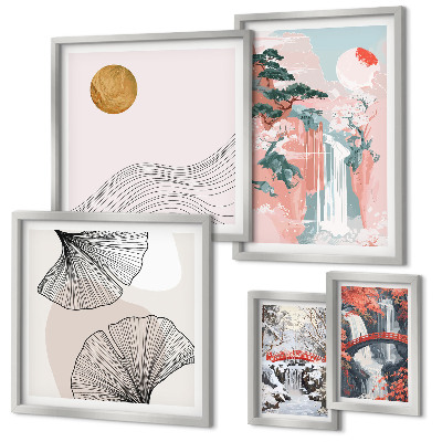 Ensemble de 5 tableaux Paysages de cascades au Japon