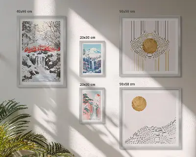 Lot de tableaux encadrés représentant des paysages de cascades et de ponts au Japon