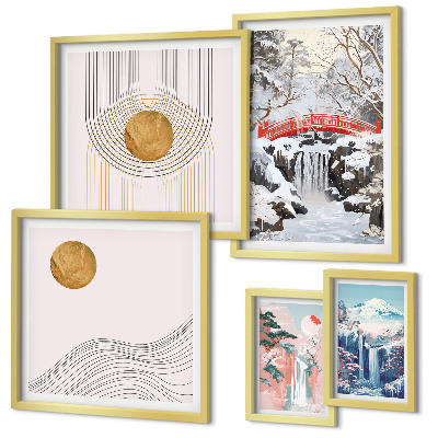 Lot de tableaux encadrés Paysages, cascades, ponts, Japon