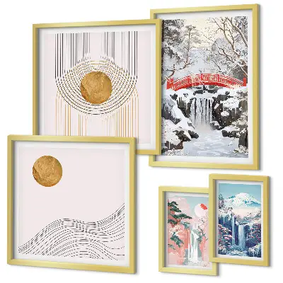 Lot de tableaux encadrés représentant des paysages de cascades et de ponts au Japon