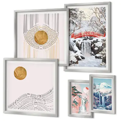 Lot de tableaux encadrés représentant des paysages de cascades et de ponts au Japon