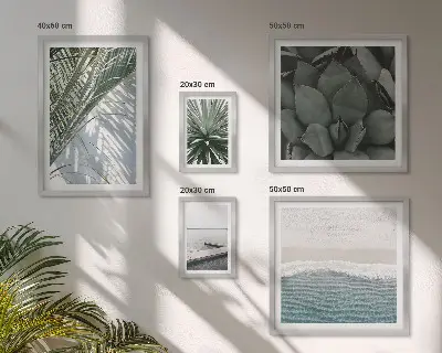 Lot de tableaux encadrés représentant des plantes tropicales avec la mer