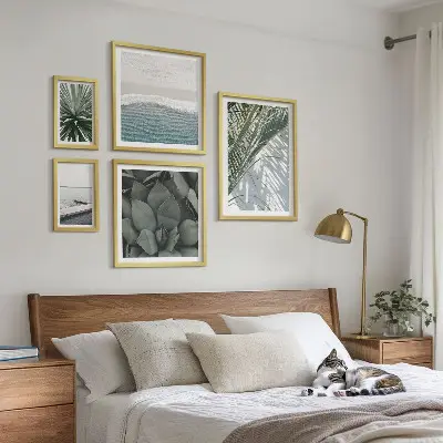 Lot de tableaux encadrés représentant des plantes tropicales avec la mer